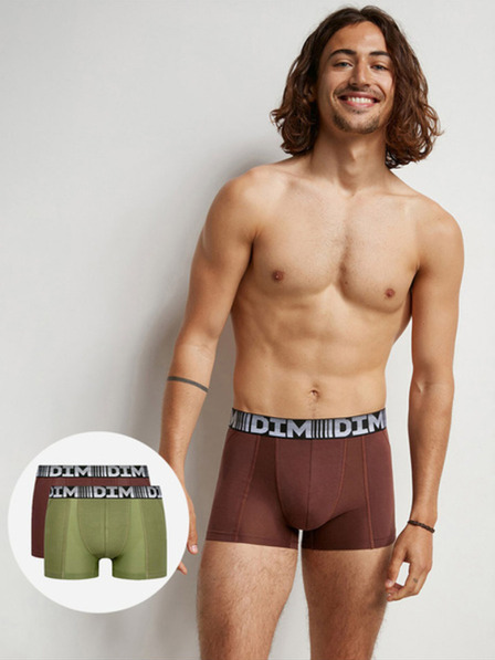 DIM Komplet dveh moških boksaric zelene in temno rjave barve DIM COTTON 3D FLEX AIR BOXER 2x