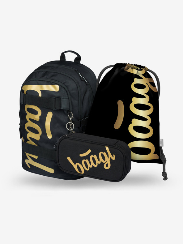BAAGL  Črni šolski komplet - nahrbtnik, peresnica in torba Baagl Skate Gold