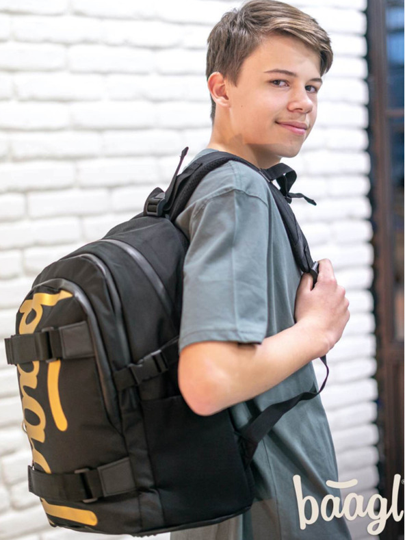 BAAGL  Črni šolski komplet - nahrbtnik, peresnica in torba Baagl Skate Gold