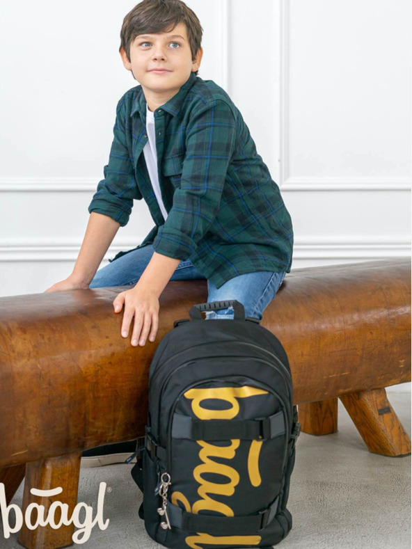 BAAGL  Črni šolski komplet - nahrbtnik, peresnica in torba Baagl Skate Gold