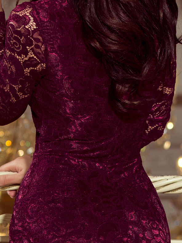 numoco Čipkasta obleka z dolgimi rokavi in globokim izrezom - temna sliva Numoco