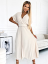 numoco FELICIA Plisirana midi obleka z izrezom in širokim pasom - bež Numoco