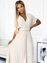numoco FELICIA Plisirana midi obleka z izrezom in širokim pasom - bež Numoco