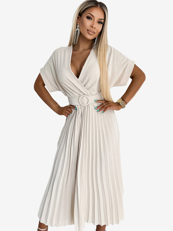 numoco FELICIA Plisirana midi obleka z izrezom in širokim pasom - bež Numoco
