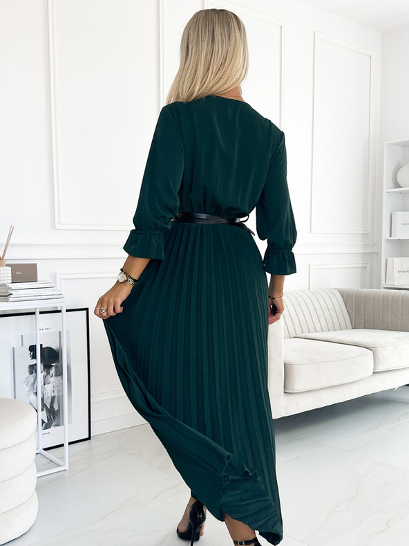 numoco SERENA Maksi obleka s 3/4 rokavi, z izrezom in pasom - zelena Numoco