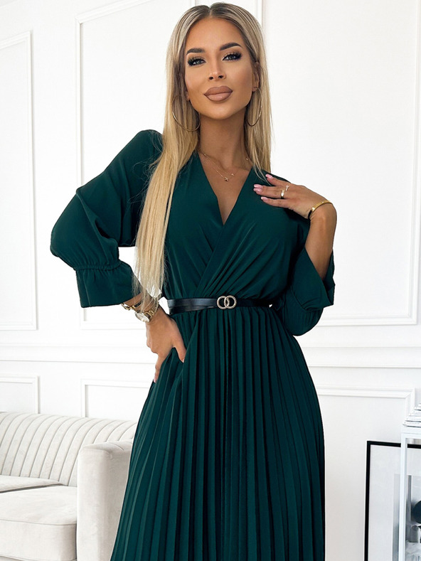 numoco SERENA Maksi obleka s 3/4 rokavi, z izrezom in pasom - zelena Numoco