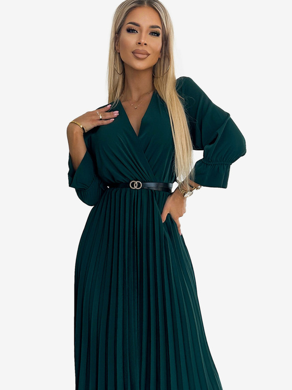 numoco SERENA Maksi obleka s 3/4 rokavi, z izrezom in pasom - zelena Numoco