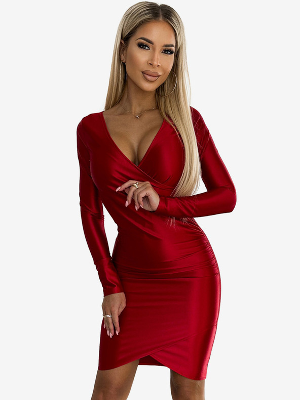 numoco Satenska obleka z izrezom v obliki svinčnika in dolgimi rokavi - rdeča Numoco