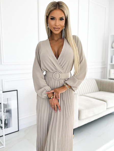 numoco VIVIANA Plisirana midi obleka z izrezom, dolgimi rokavi in širokim pasom - bež Numoco