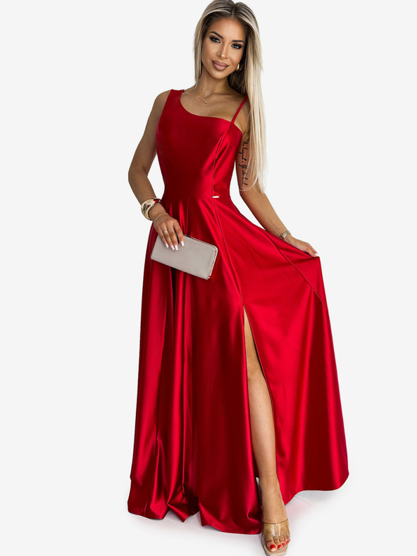 numoco Elegantna dolga satenova obleka na eno ramo - rdeča Numoco