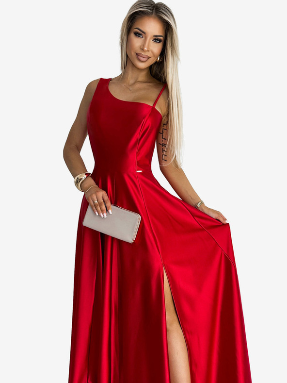 numoco Elegantna dolga satenova obleka na eno ramo - rdeča Numoco