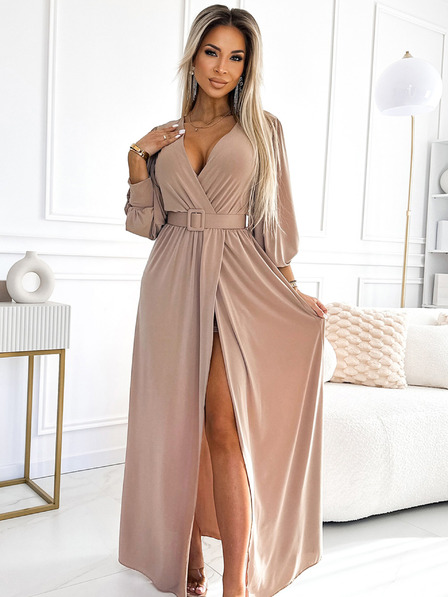 numoco FIORELLA Dolga obleka s širokim pasom in izrezom - bež Numoco