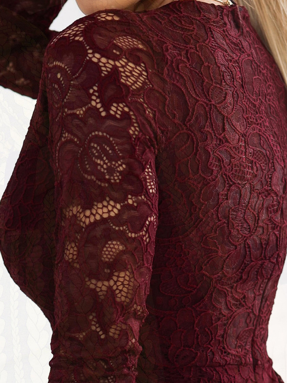 numoco Čipkasta obleka z dolgimi rokavi in izrezom - temno bordo Numoco
