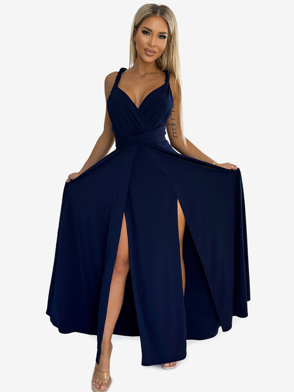 numoco Elegantna dolga obleka z vezalkami na več načinov - temno modra Numoco