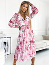 numoco Šifonska midi obleka z dolgimi rokavi in izrezom - svetlo roza cvetje na beli podlagi Numoco
