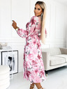 numoco Šifonska midi obleka z dolgimi rokavi in izrezom - svetlo roza cvetje na beli podlagi Numoco