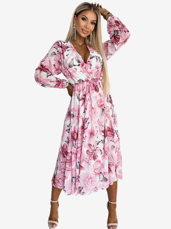 numoco Šifonska midi obleka z dolgimi rokavi in izrezom - svetlo roza cvetje na beli podlagi Numoco