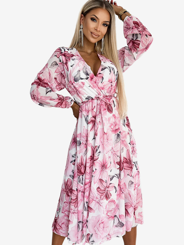 numoco Šifonska midi obleka z dolgimi rokavi in izrezom - svetlo roza cvetje na beli podlagi Numoco