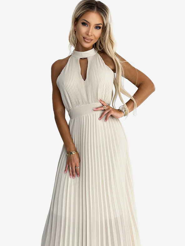 numoco Plisirana midi obleka s padajočim vratom - bež Numoco