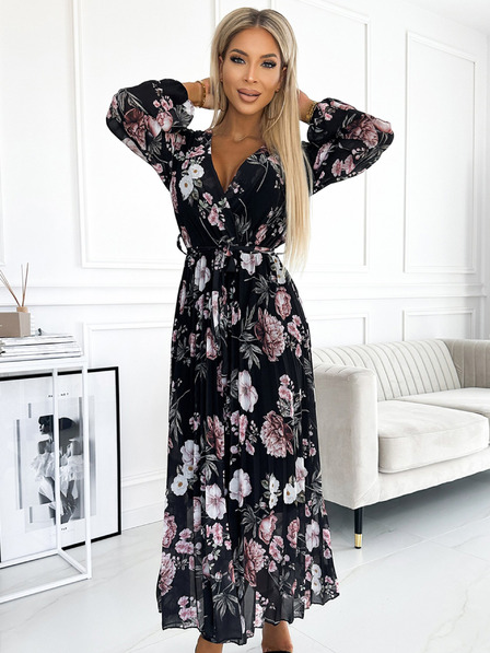 numoco Plisirana midi obleka z dekoltejem, dolgimi rokavi in zavezovanjem v pasu - črna z rožnatimi cvetovi Numoco