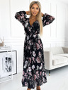 numoco Plisirana midi obleka z dekoltejem, dolgimi rokavi in zavezovanjem v pasu - črna z rožnatimi cvetovi Numoco