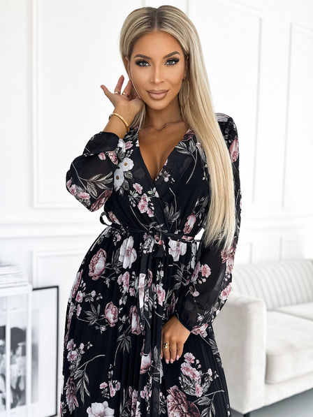 numoco Plisirana midi obleka z dekoltejem, dolgimi rokavi in zavezovanjem v pasu - črna z rožnatimi cvetovi Numoco