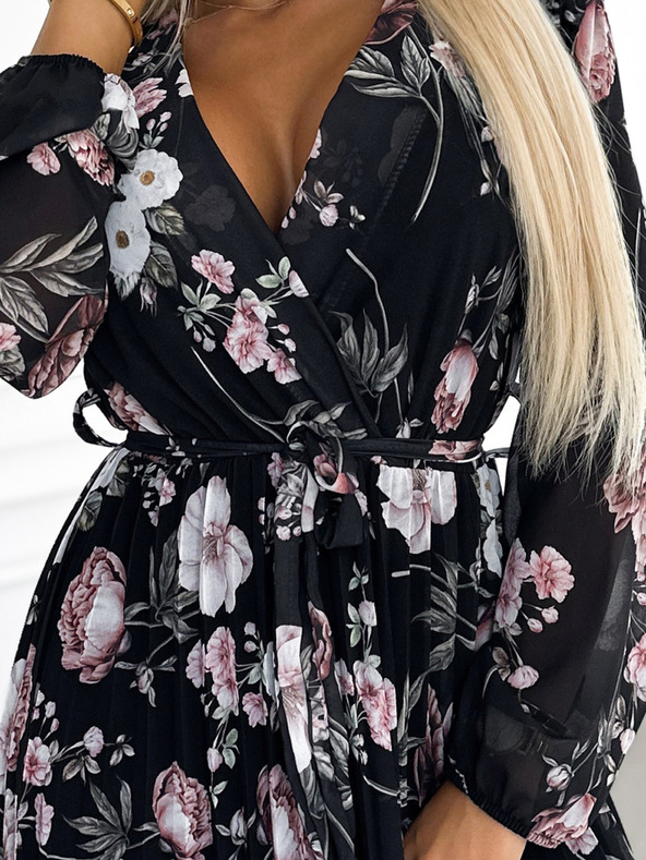 numoco Plisirana midi obleka z dekoltejem, dolgimi rokavi in zavezovanjem v pasu - črna z rožnatimi cvetovi Numoco