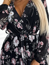 numoco Plisirana midi obleka z dekoltejem, dolgimi rokavi in zavezovanjem v pasu - črna z rožnatimi cvetovi Numoco