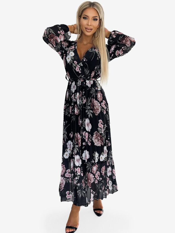numoco Plisirana midi obleka z dekoltejem, dolgimi rokavi in zavezovanjem v pasu - črna z rožnatimi cvetovi Numoco