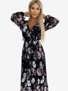numoco Plisirana midi obleka z dekoltejem, dolgimi rokavi in zavezovanjem v pasu - črna z rožnatimi cvetovi Numoco