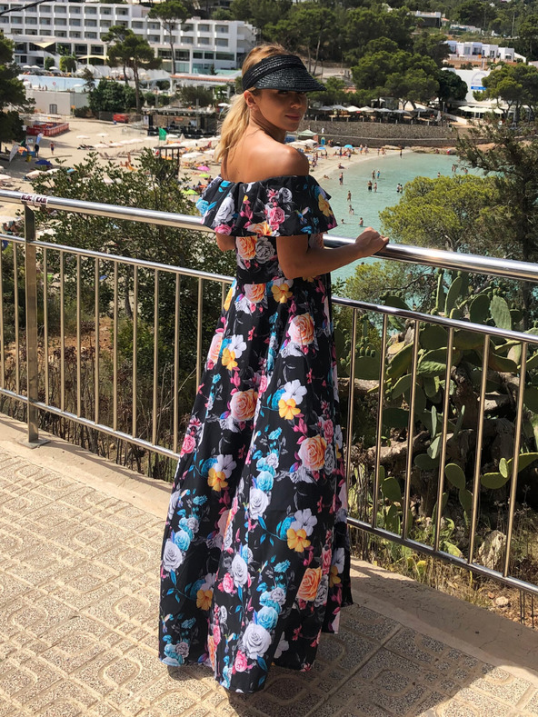 numoco Dolga obleka z volančki - črna + pisano cvetje Numoco