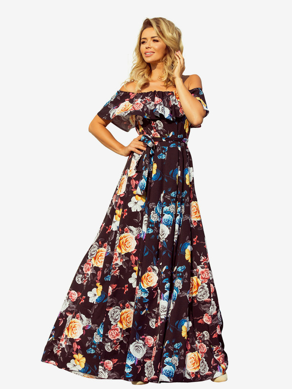 numoco Dolga obleka z volančki - črna + pisano cvetje Numoco