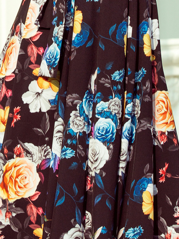 numoco Dolga obleka z volančki - črna + pisano cvetje Numoco