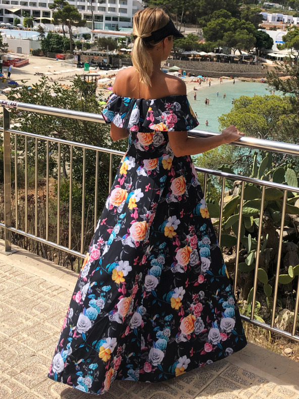 numoco Dolga obleka z volančki - črna + pisano cvetje Numoco