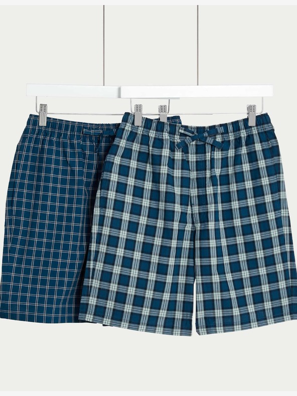 Marks & Spencer Čisto bombažne kariraste pižamske hlače, 2 kosa v paketu Marks & Spencer modre barve