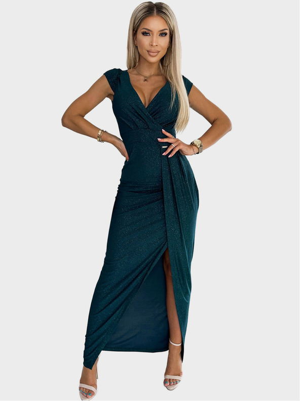 numoco Bleščeča obleka s kratkimi rokavi, izrezanim vratnim izrezom in razporkom na nogah - zelena Numoco