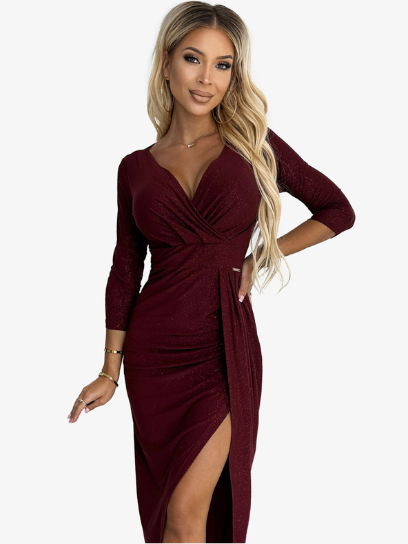 numoco Bleščeča obleka z izrezom in razporkom na nogah - bordo Numoco