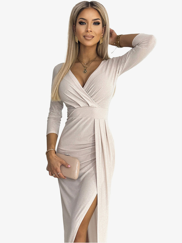 numoco Bleščeča obleka z izrezom in razporkom za noge - bež Numoco