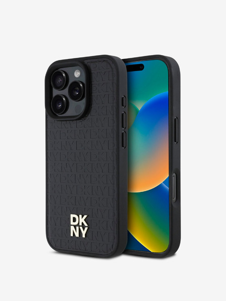 DKNY DKNY PU usnje Repeat Pattern Stack Logo MagSafe hrbtni ovitek za iPhone 16 Pro Black Black