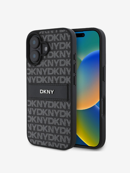 DKNY DKNY PU usnje s ponavljajočim se vzorcem s tonskim trakom hrbtni ovitek za iPhone 16 črn
