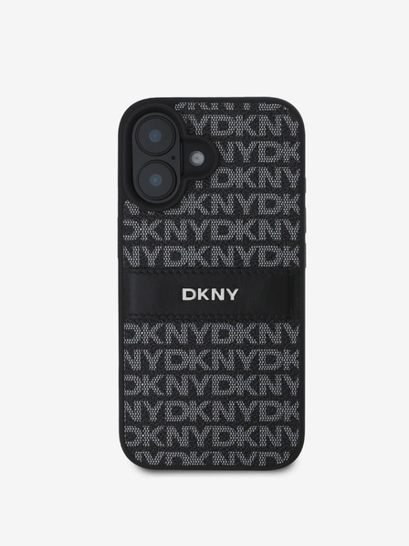 DKNY DKNY PU usnje s ponavljajočim se vzorcem s tonskim trakom hrbtni ovitek za iPhone 16 črn