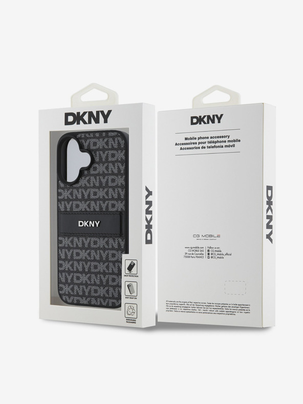 DKNY DKNY PU usnje s ponavljajočim se vzorcem s tonskim trakom hrbtni ovitek za iPhone 16 črn