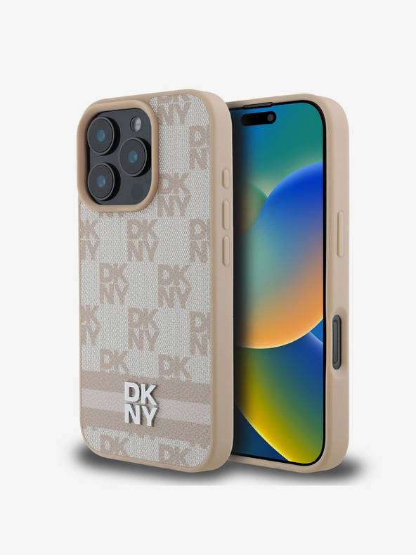 DKNY DKNY PU usnje šahiran vzorec in črtasti hrbtni ovitek za iPhone 16 Pro roza