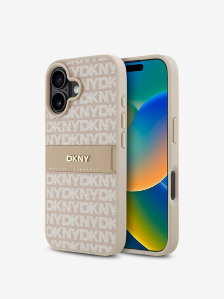 DKNY DKNY PU usnje s ponavljajočim se vzorcem s tonskimi črtami hrbtni ovitek za iPhone 16 roza