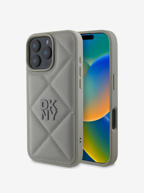 DKNY DKNY PU Leather Quilted Stack Logo Back Cover za iPhone 16 Pro Grey