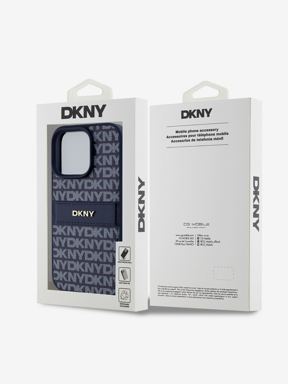 DKNY DKNY PU usnje s ponavljajočim se vzorcem v obliki črte in traku hrbtni ovitek za iPhone 16 Pro Modra