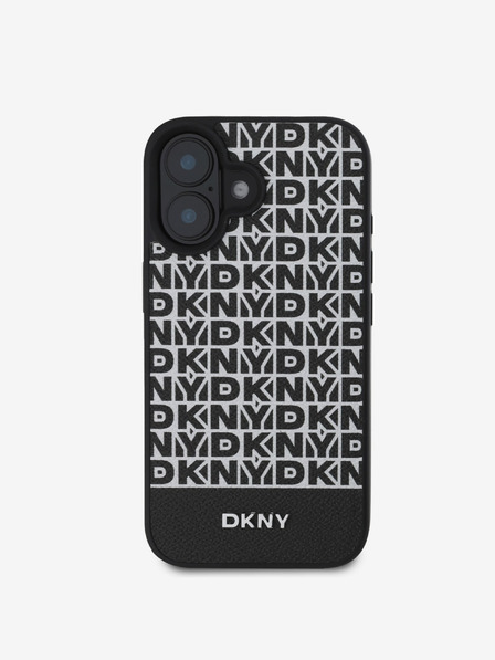 DKNY PU Leather Repeat Pattern Bottom Stripe MagSafe Zadní Kryt pro iPhone 16 Black Ovitek za telefon