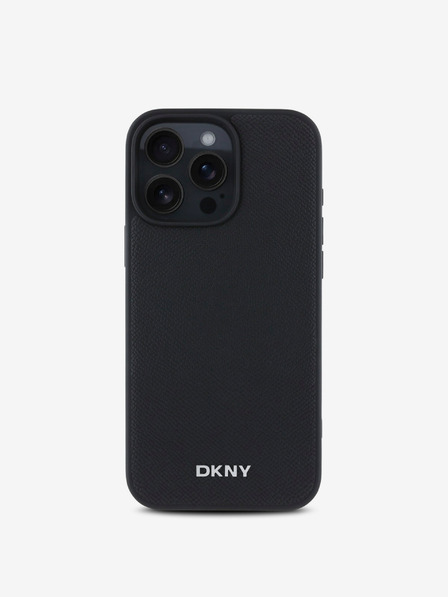 DKNY DKNY PU usnje Silver Metal Logo Magsafe hrbtni ovitek za iPhone 16 Pro črn