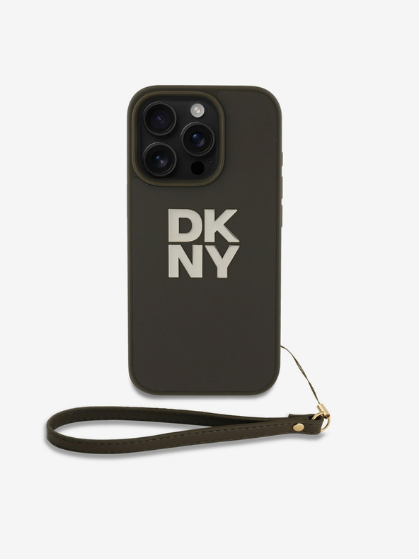 DKNY PU Leather Stack Logo Wrist Strap Zadní Kryt pro iPhone 16 Pro Max Green Ovitek za telefon