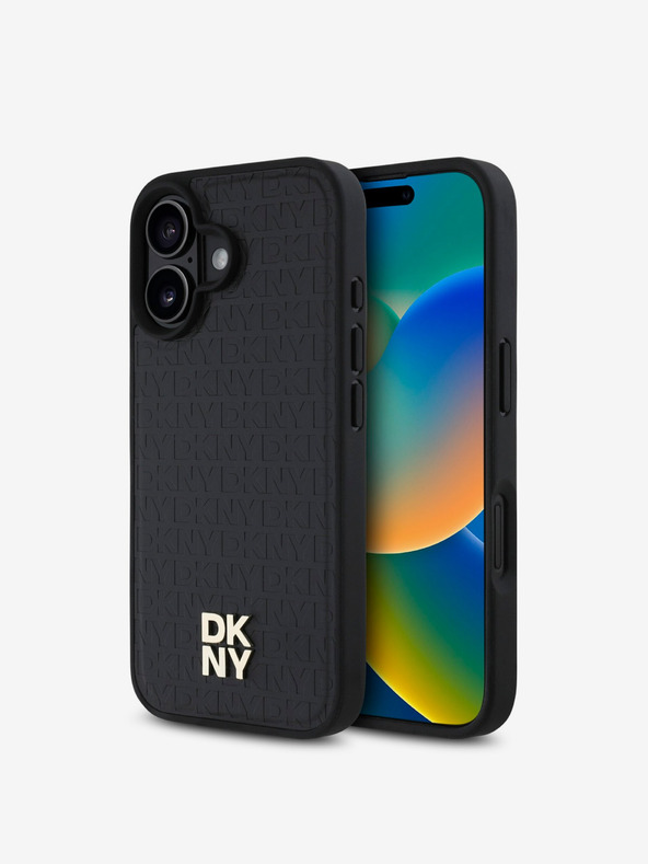 DKNY DKNY PU usnje Repeat Pattern Stack Logo MagSafe Back Cover za iPhone 16 Plus Black